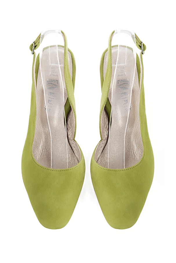 Women's pistachio green slingback dress shoes. Round toe. High slim heel - Top view
